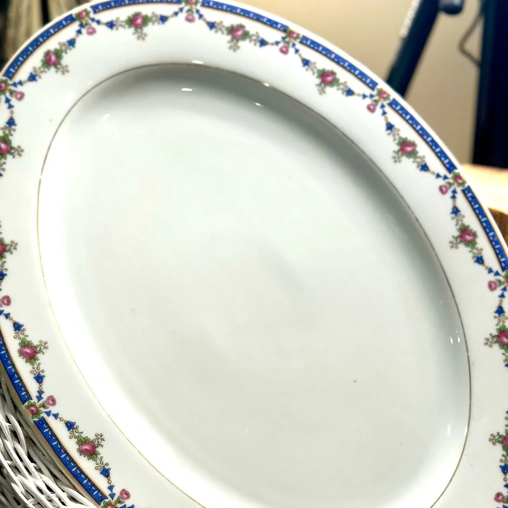 Bavarian Blue & Pink Cabbage Rose Garland Porcelain Platter